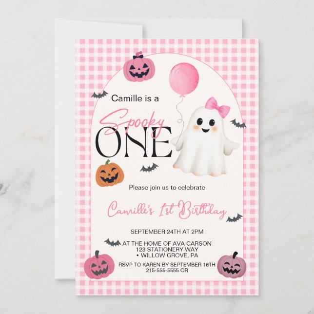  Cute Pink Halloween Ghost 1st Birthday Invitation (Front)