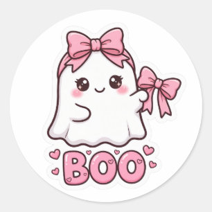 Cute Pink Halloween Ghost Bow Design Classic Round Sticker