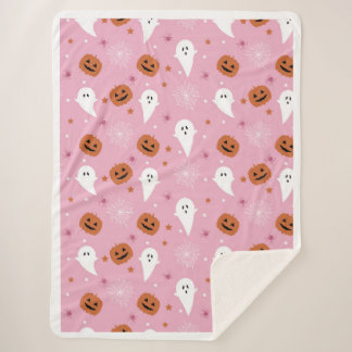 Cute Pink Halloween Ghost & Pumpkin Throw Blanket