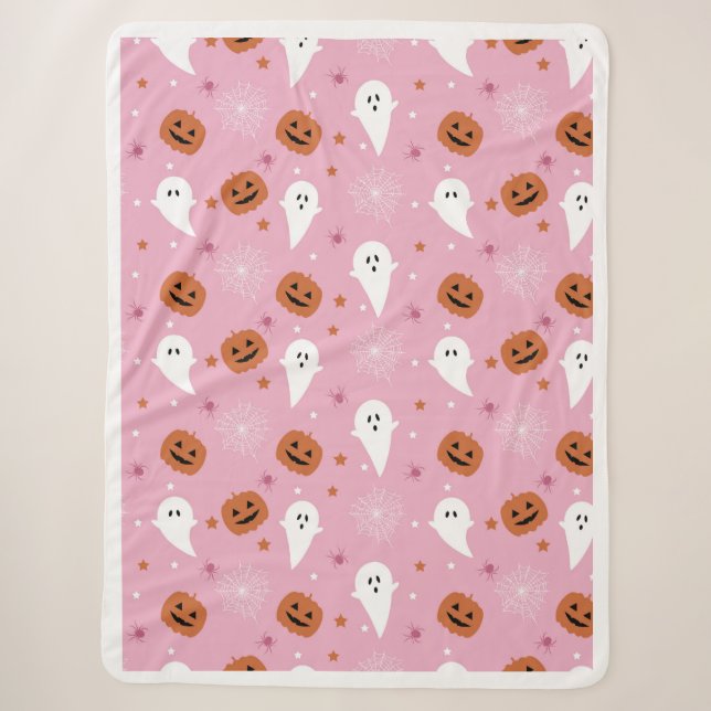 Cute Pink Halloween Ghost & Pumpkin Throw Blanket (Front)