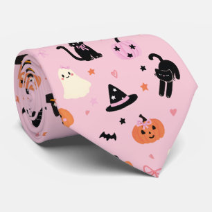 Cute Pink Halloween Ghosts Cats and Pumpkins Tie
