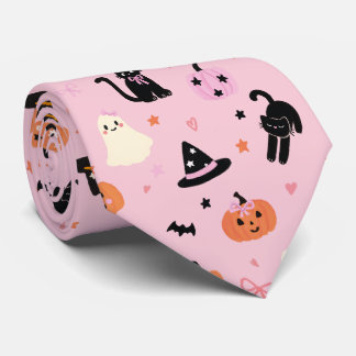 Cute Pink Halloween Ghosts Cats and Pumpkins Tie