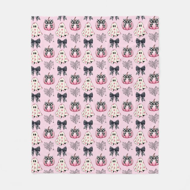 Cute Pink Halloween Ghosts, Pumpkins & Bows Fleece Blanket (Front)
