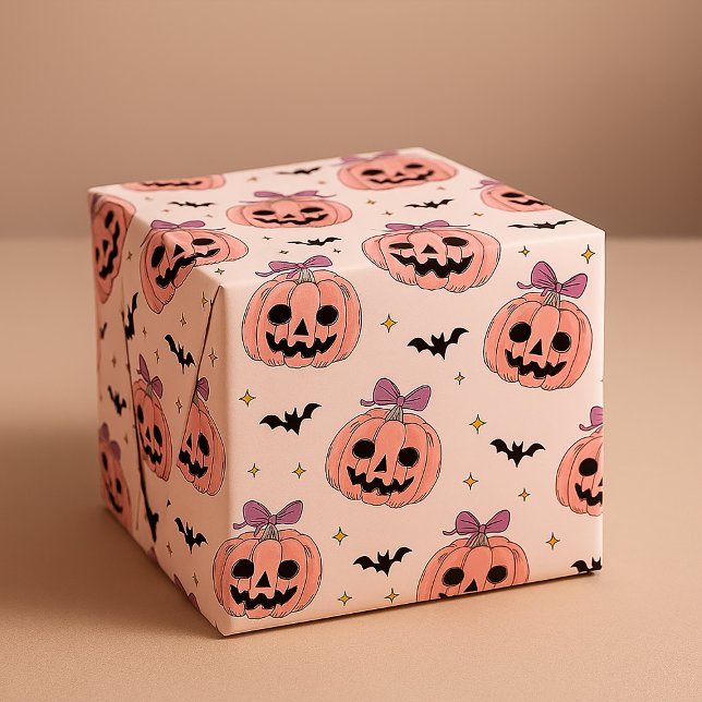 Cute Pink Halloween Jack-o'-Lanterns & Bats Wrapping Paper (Creator Uploaded)