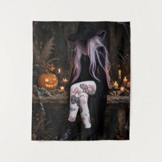 Cute Pink Halloween Witch Tapestry, Cottagecore Wi Tapestry
