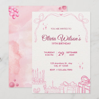 Cute Pink Hand-Drawn Birthday Party Invitation