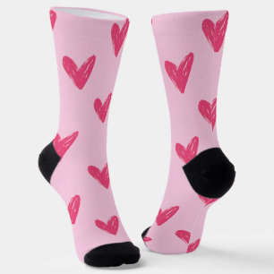 Cute Pink Hand Drawn Hearts Crew Socks