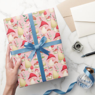 Cute Pink Hand Painted Mushroom Wrapping Paper