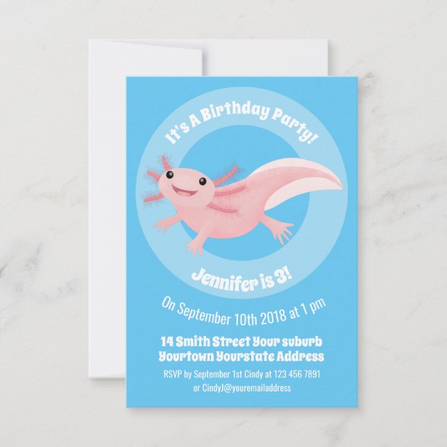 Cute pink happy axolotl invitation (Front)
