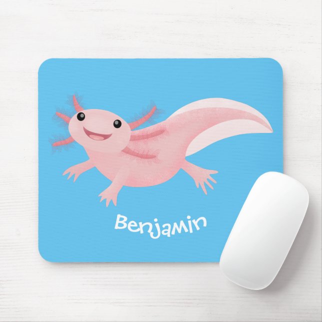 Cute pink happy axolotl mouse pad (With Mouse)
