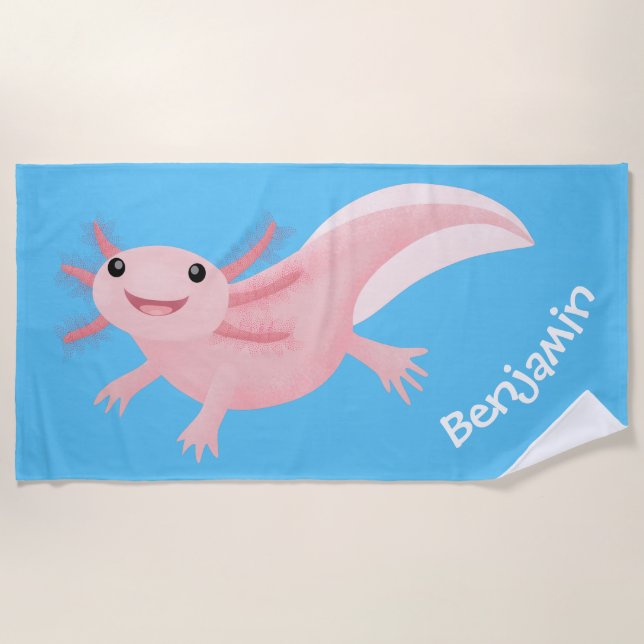 Cute pink happy axolotl personalised beach towel (Front)