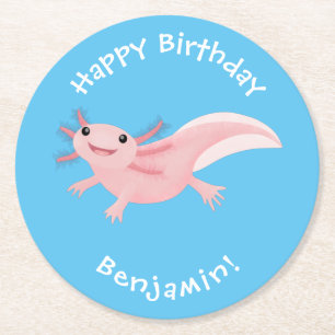 Cute pink happy axolotl round paper coaster