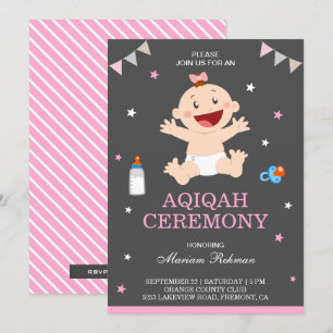 Cute Pink Happy Baby Girl Aqiqah Invitation