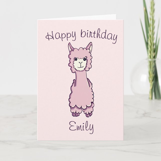 Cute Pink Happy Birthday Alpaca Card (Front)