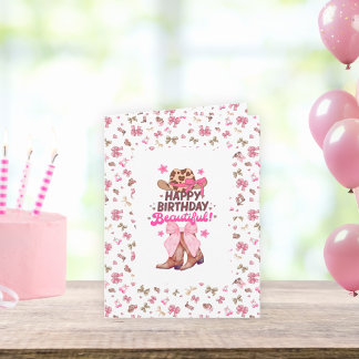 Cute Pink Happy Birthday Beautiful Cowgirl Folded Card