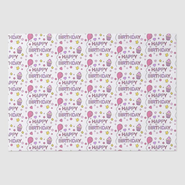 Cute Pink Happy Birthday Cupcakes, Stars and Heart Tissue Paper (Front)