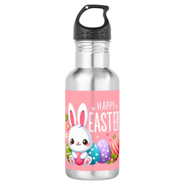 Cute, pink Happy Easter bunny  532 Ml Water Bottle (Front)