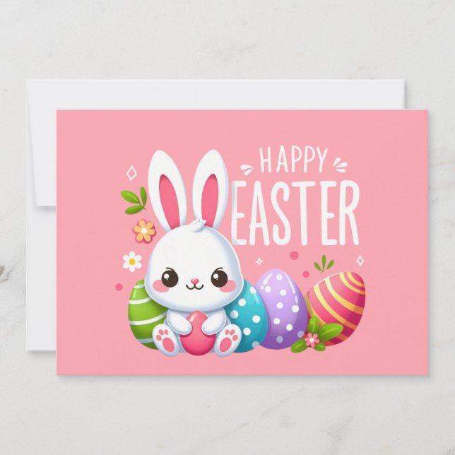 Cute, pink happy Easter bunny Holiday Card (Front)