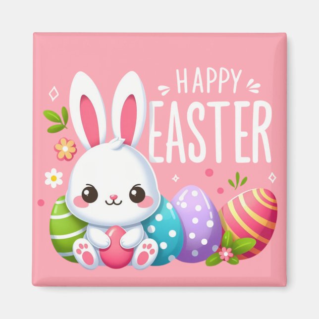 Cute, pink happy Easter bunny Magnet (Front)