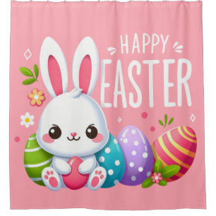 Cute, pink Happy Easter bunny Mug Shower Curtain