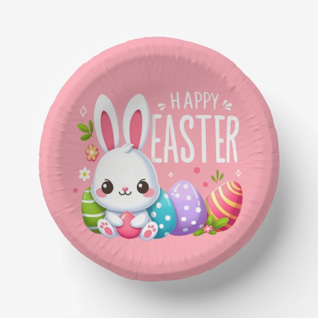 Cute, pink happy Easter bunny Paper Plate (Front)