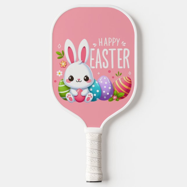 Cute, pink Happy Easter bunny  Pickleball Paddle (Front)