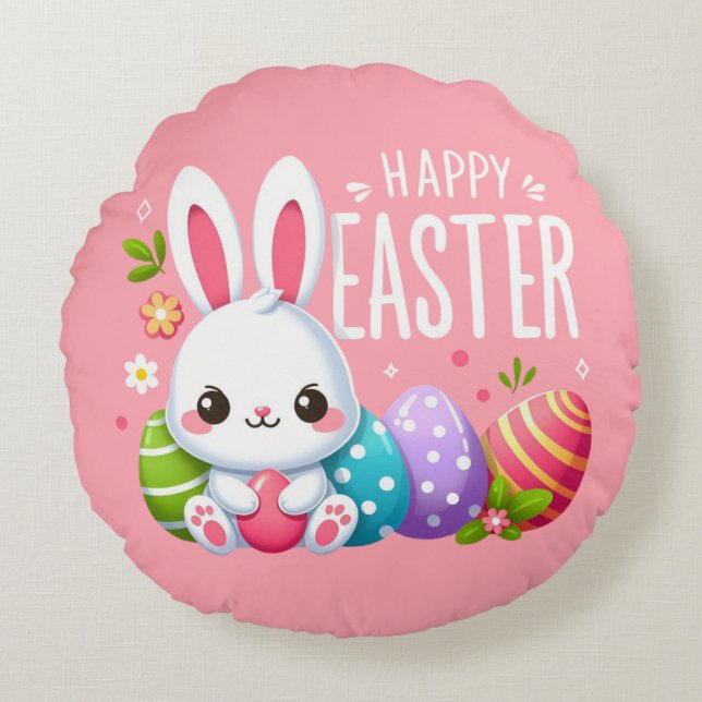 Cute, pink Happy Easter bunny  Round Cushion (Front)