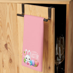 Cute, pink happy Easter bunny Tea Towel