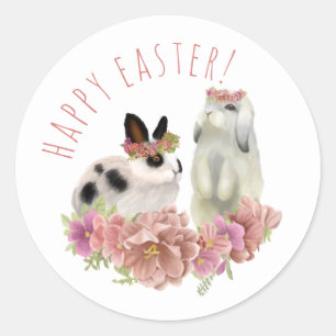 Cute Pink Happy Easter Spring Bunny Rabbits  Classic Round Sticker