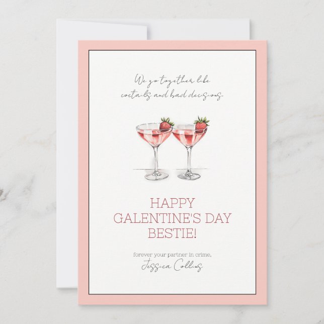 Cute Pink Happy Galentine's Day Bestie Cocktails Holiday Card (Front)