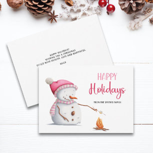 Cute Pink Happy Holidays Snowman Holiday Card