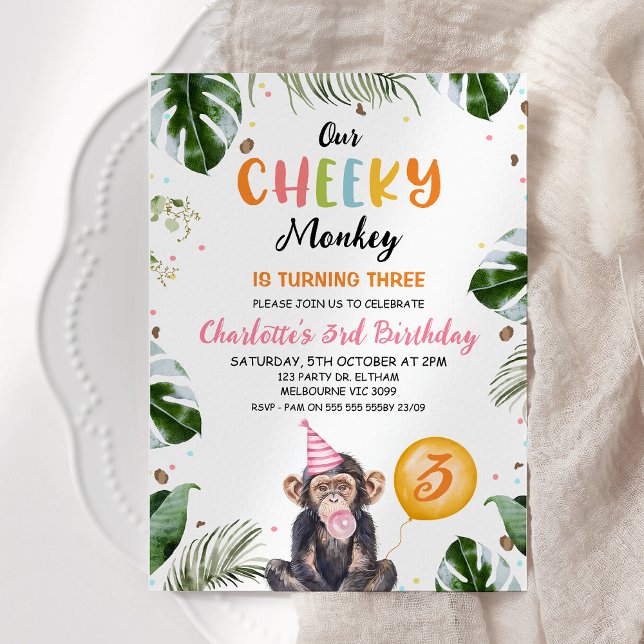 Cute Pink Hat Our Cheeky Monkey Birthday Invitation (Girls Cheeky Monkey Birthday Invitation Template, Printable Monkey Themed Birthday Invitation Girl)