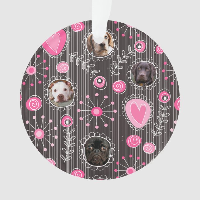 Cute Pink Heart and Flower Dog Mum Photo Collage  Ornament (Front)