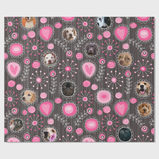 Cute Pink Heart and Flower Dog Mum Photo Collage  Wrapping Paper (Flat)