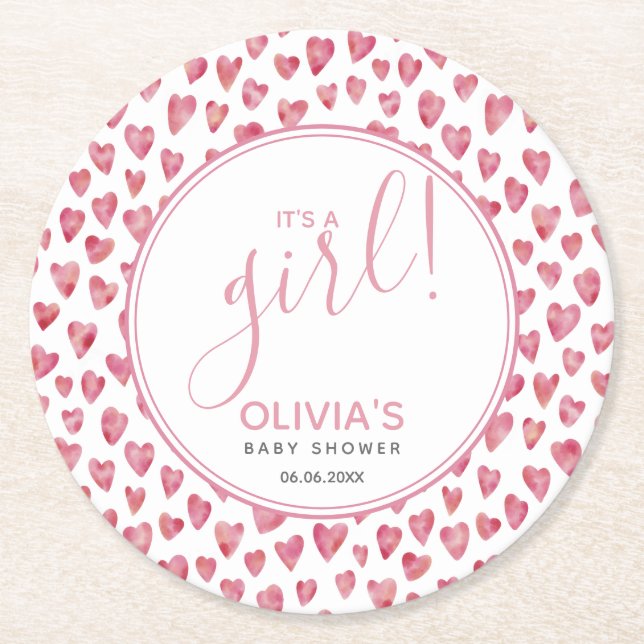 Cute Pink Heart Baby Shower It's A Girl Round Paper Coaster (Front)