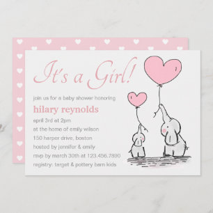 Cute Pink Heart Balloons Girl Elephant Baby Shower Invitation