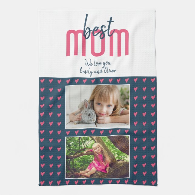 Cute Pink Heart Best Mum 2 Photo Mother`s Day  Tea Towel (Vertical)