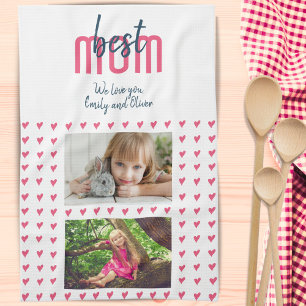 Cute Pink Heart Best Mum 2 Photo Mother`s Day  Tea Towel
