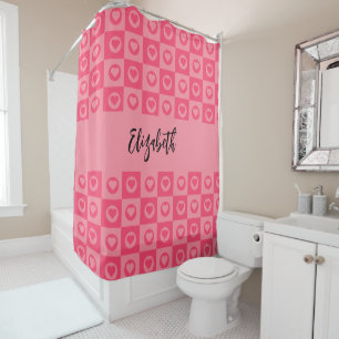Cute Pink Heart Circle Square Pattern Script Name Shower Curtain