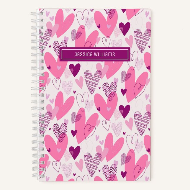 Cute Pink Heart Doodle Pattern Sweet Love Notebook (Front)