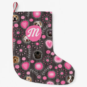 Cute Pink Heart Flower Monogram Dog Photo Collage  Small Christmas Stocking