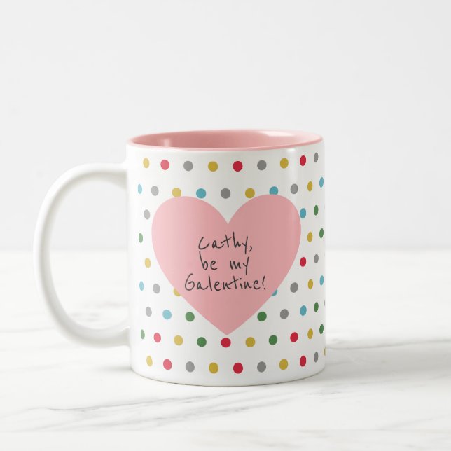 Cute Pink Heart Galentine Name Colourful Dots  Two-Tone Coffee Mug (Left)