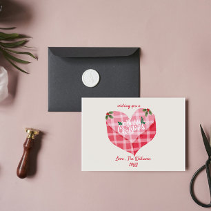 Cute Pink Heart Gingham Custom Photo Christmas Card