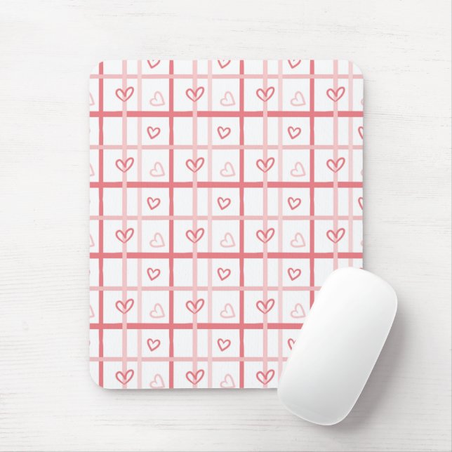Cute Pink Heart Grid Pattern Mouse Pad (With Mouse)