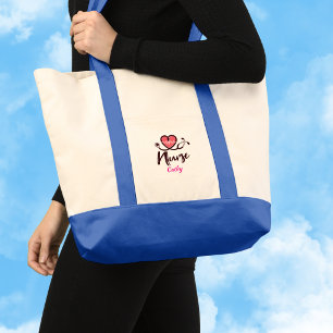 Cute  Pink Heart lifeline Nurse Personalise Tote Bag