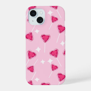 Cute Pink Heart Lollipop Seamless Pattern iPhone 15 Case