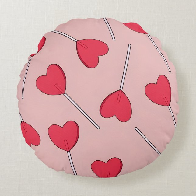 Cute Pink Heart Lollipops Seamless Pattern Round Cushion (Front)