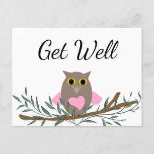 Cute Pink Heart Owl Branch Get Well Script Postcard