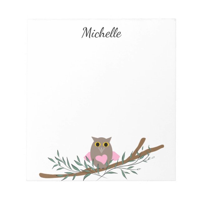 Cute Pink Heart Owl On Branch Personalised Name  Notepad (Front)