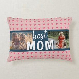 Cute Pink Heart Pattern Best Mum 2 Photo Decorative Cushion